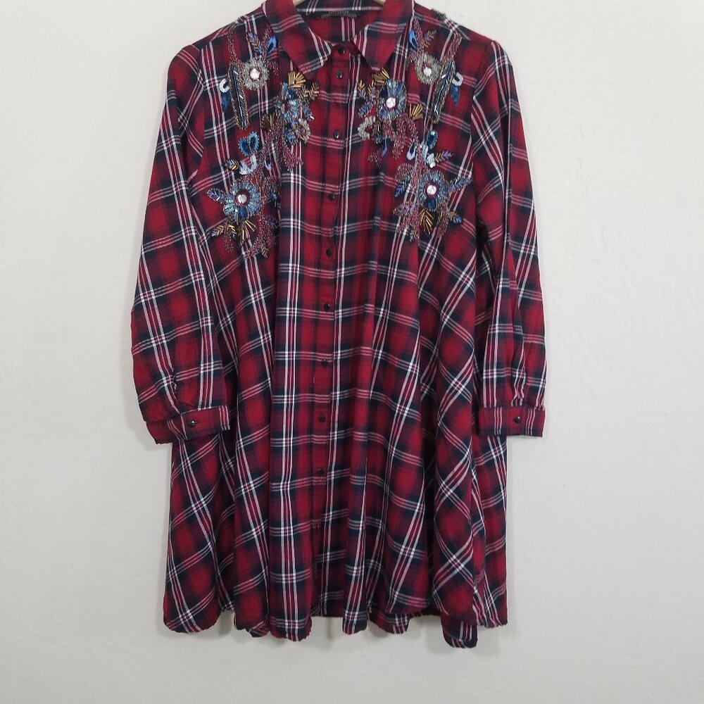Zara Embellished Button Down Plaid Shirt Top Red Size L